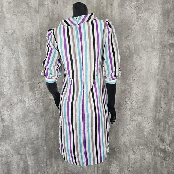 Vintage‎ Handmade Colorful Vertical Striped Linen Half Sleeve Shift Dress - Picture 8 of 9